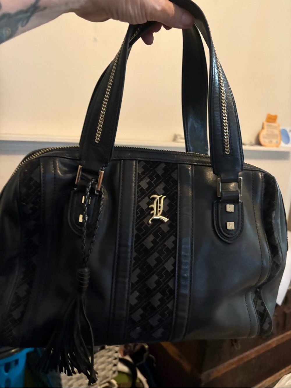 Vintage L.A.M.B. Black Satchel with Striped Interior